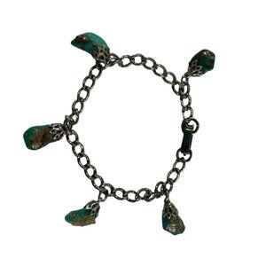 Silver Tone Charm Bracelet Faux Turquoise Nugget Charms 7" Long